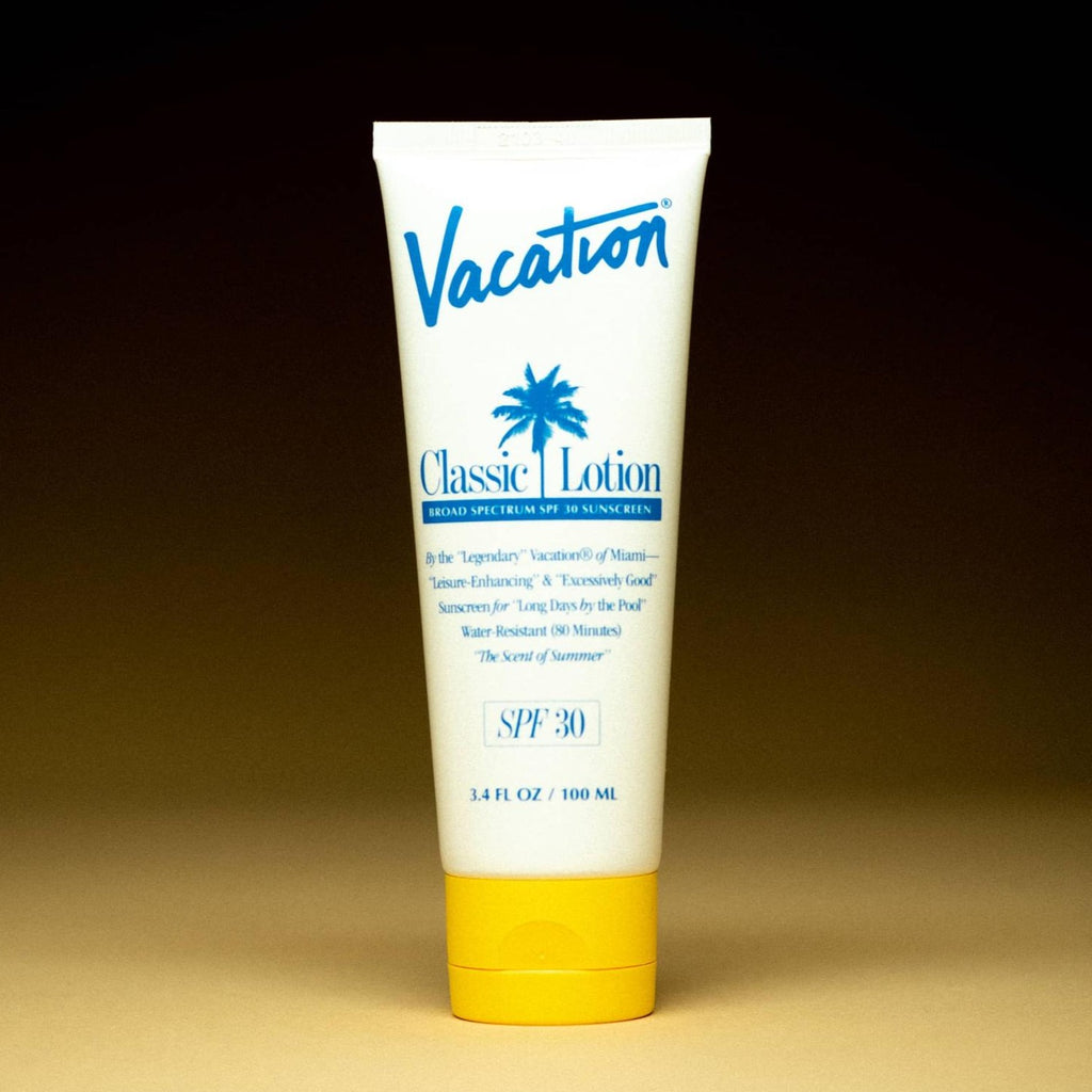 A tube of Vacation Inc classic SPF 30 lotion sunscreen available in Victoria BC at Shampoo Hair Bar
