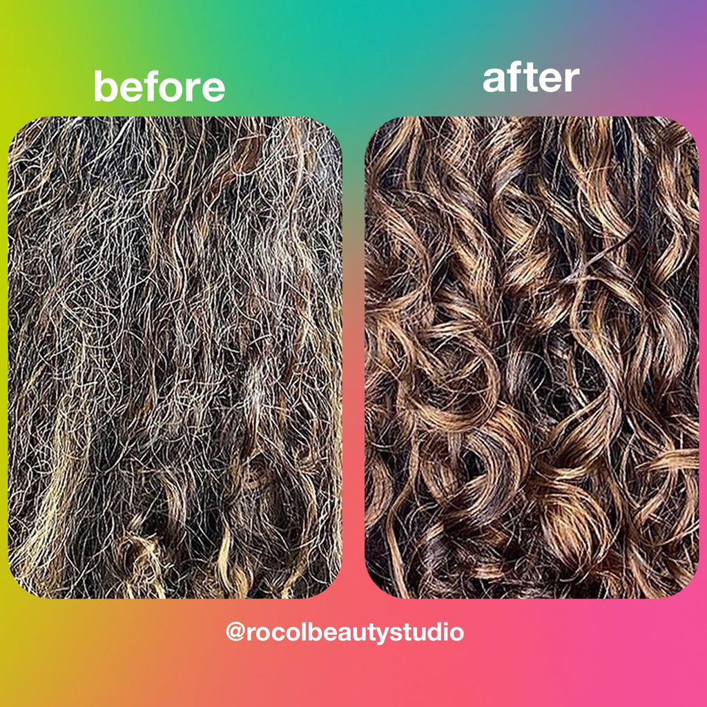 A before and after of curls using k18 molecular repair mask from Shampoo Hair Bar