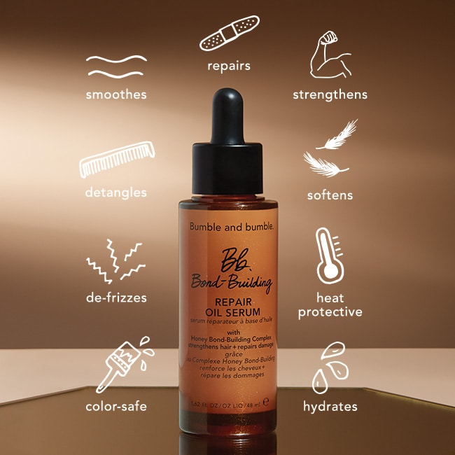 A bottle of Bumble and Bumbles Bond-Building Repair Oil Serum surrounded by it's benefits. This treatment serum is colour-safe, de-frizzes, detangles, smoothes, repairs, strengthens, softens, is a heat protectant, and hydrates hair.